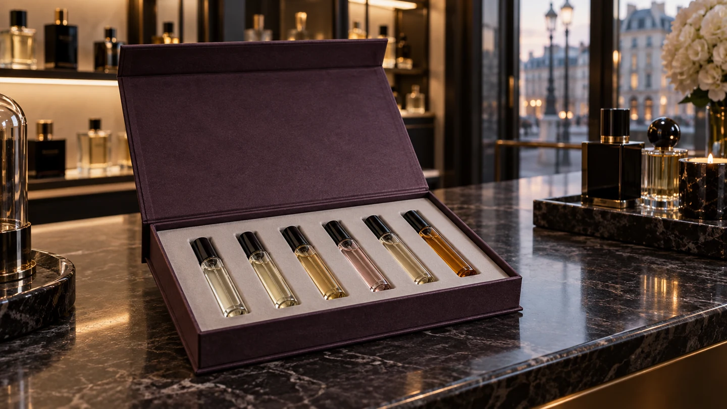 Perfume discovery set packaging in an aubergine box with six sample vials on a boutique counter