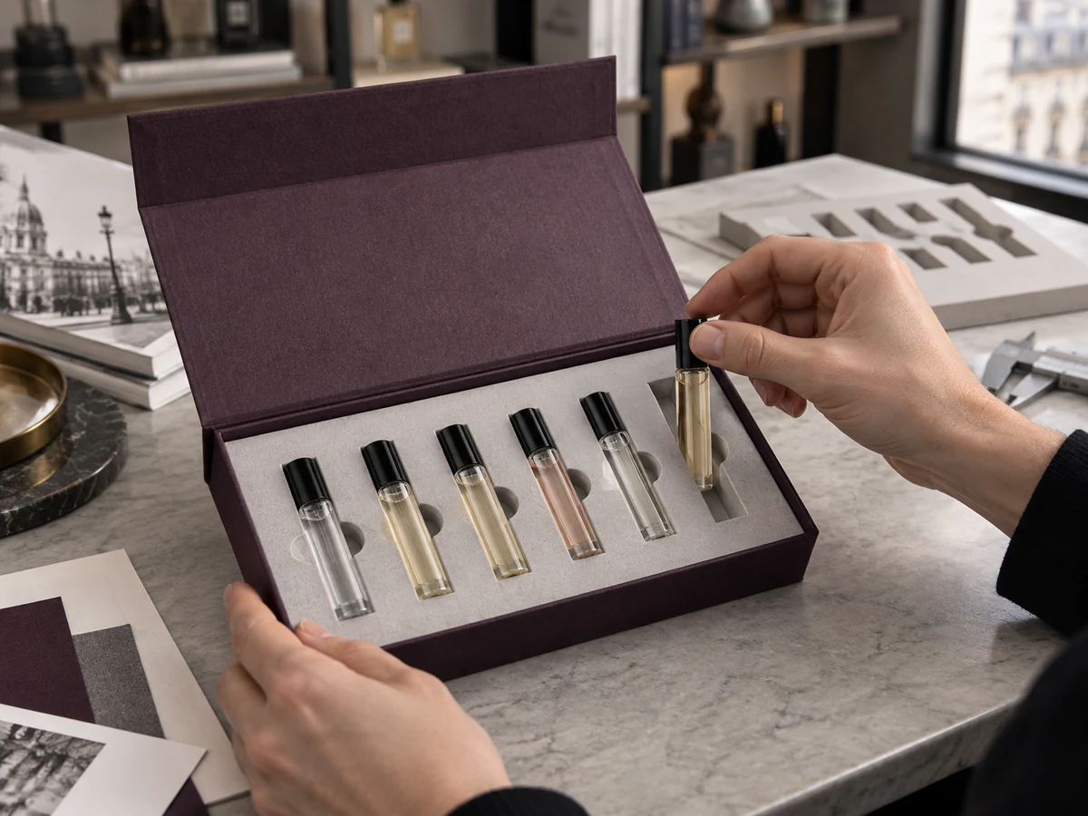 rigid gift box with foam insert holding perfume vials for product fit review