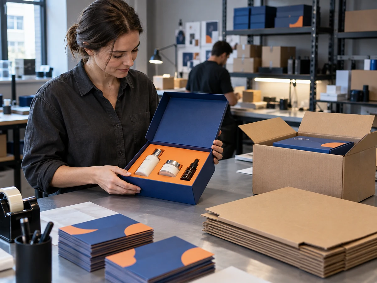Packing station with a printed presentation kit beside a plain corrugated shipping box and flat stock