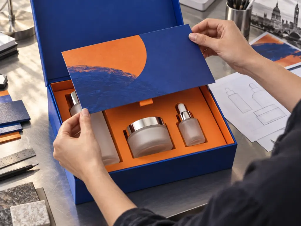 Designer reviewing product access and a removable campaign card in an open blue PR kit