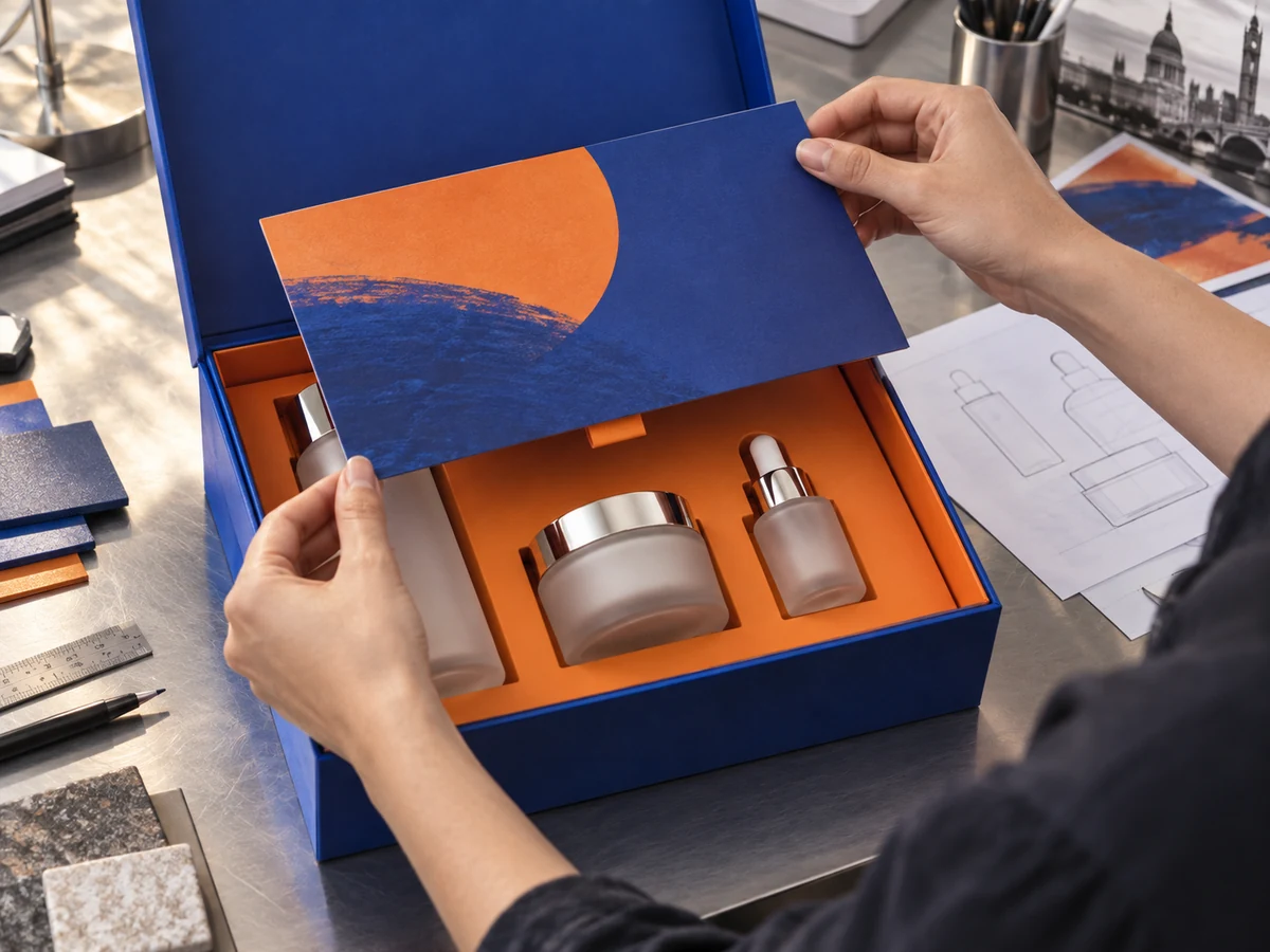 Open subscription box with a die-cut insert tray holding products and a removable insert card