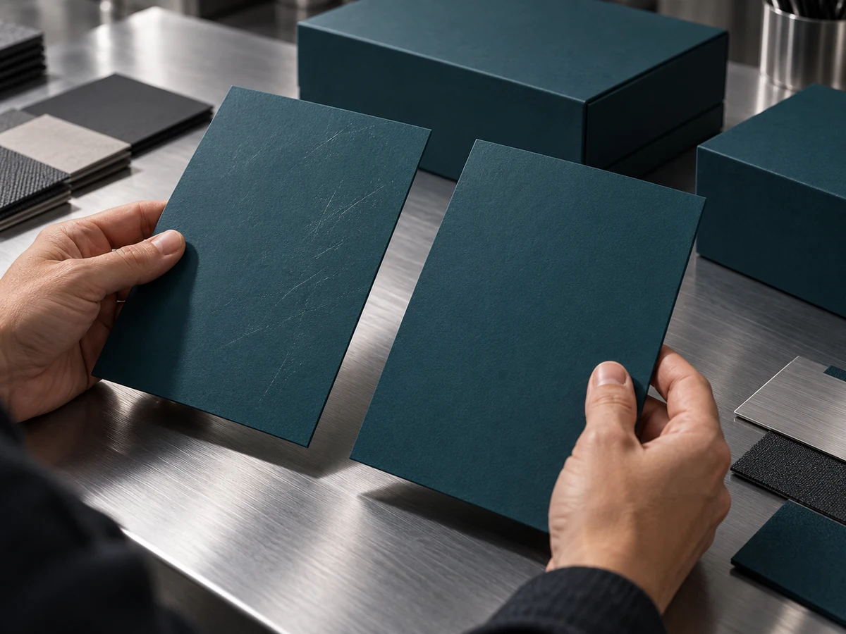 Printed surface comparison concept Designer comparing teal printed board panels with a clean surface and illustrative light rub marks