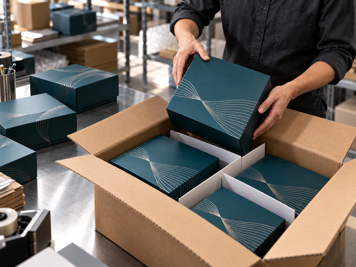 Retail box contact separation concept Packing specialist arranging teal retail boxes with paperboard dividers inside a shipping carton