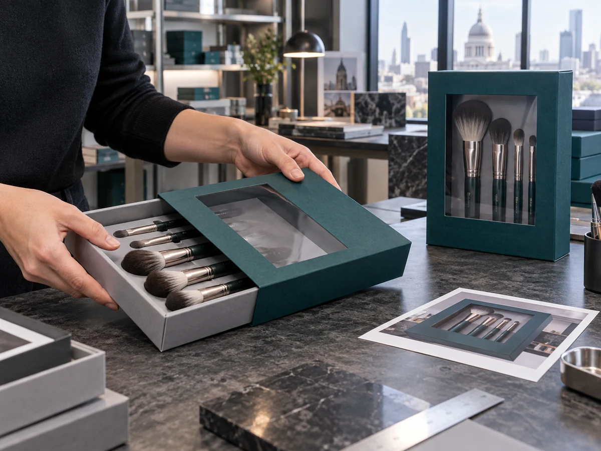 Staff member checking cosmetic brush tray alignment while sliding it into a teal window box