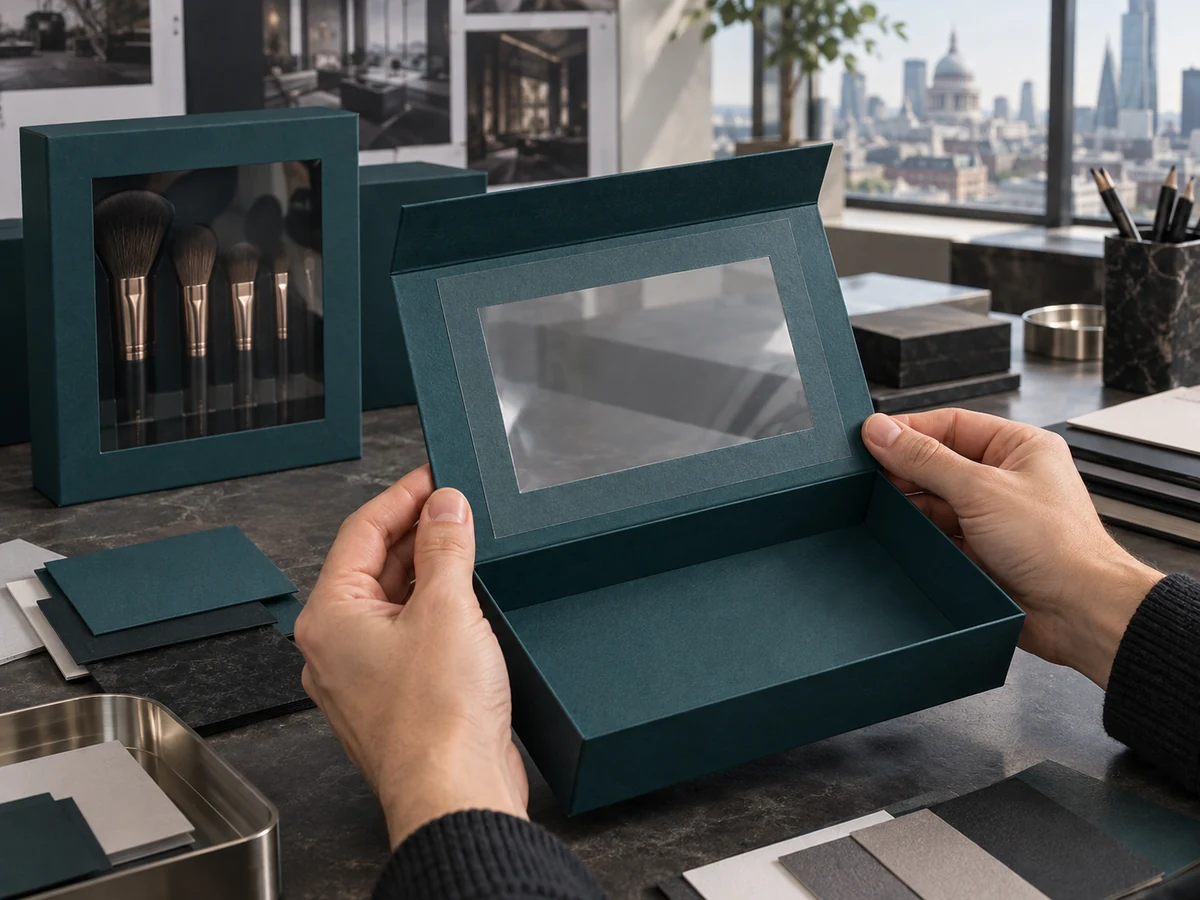 Buyer inspecting the inside of a teal window box with a transparent patch extending beyond the cutout