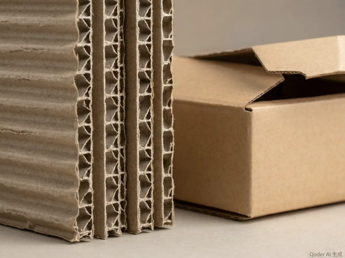 double-wall corrugated board edge cross-section beside a kraft mailer box