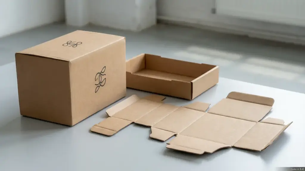 custom kraft mailer box shown assembled and unfolded flat on a studio table