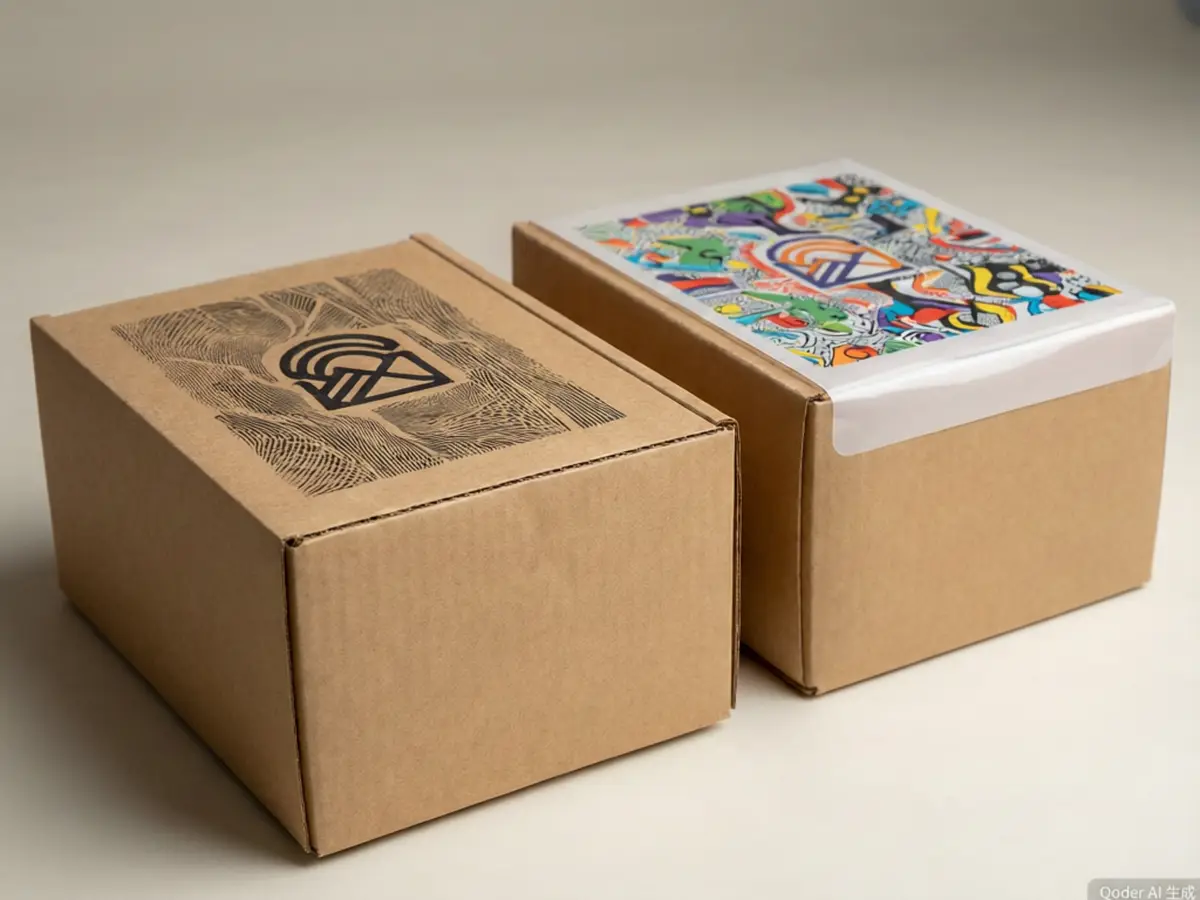 kraft flexo printed mailer box beside a white litho printed mailer box