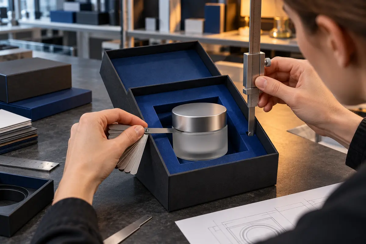 Engineer checking packaging insert clearance with calipers around a frosted jar seated in a blue rigid gift-box insert