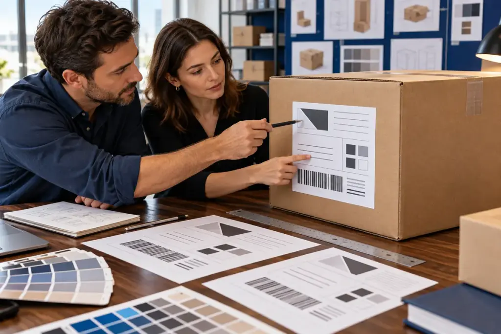 AI concept of a packaging team checking carton label artwork, barcode area, and version fields before printing