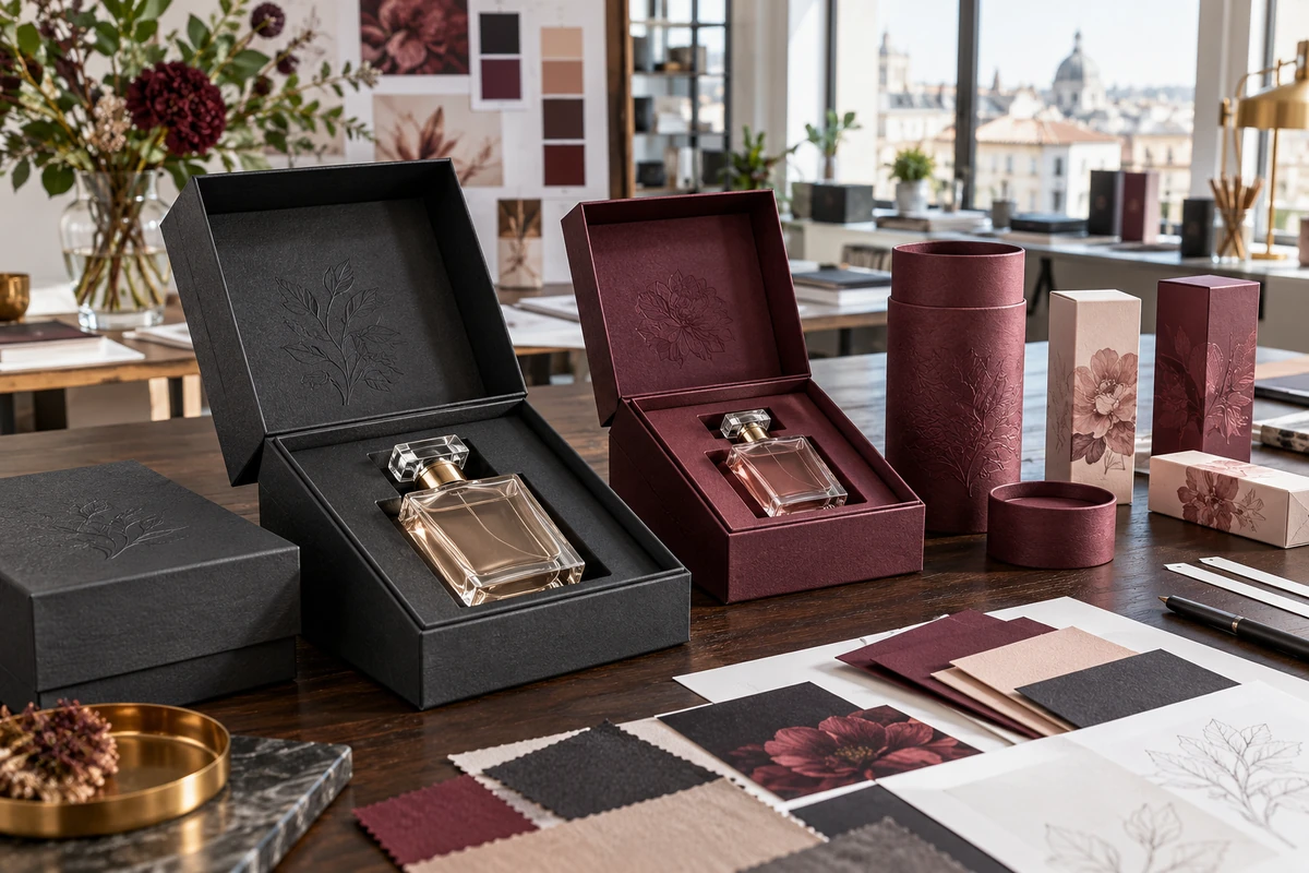AI concept of rigid perfume boxes, folding cosmetic cartons and a paper tube in a packaging design studio
