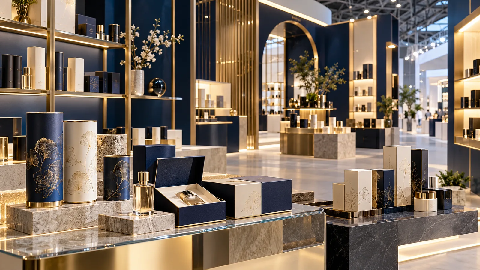AI concept of a cobalt and gold exhibition display with perfume paper tubes and rigid beauty gift boxes