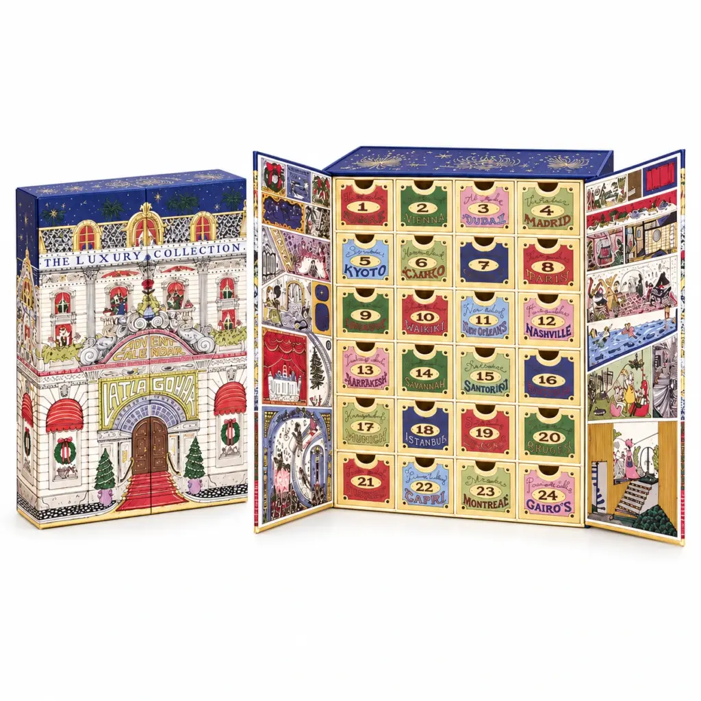 Custom advent calendar box with 24 drawers and double doors on a white background