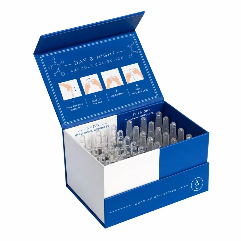 Blue hinged lid rigid skincare ampoule box with a white and blue divided insert
