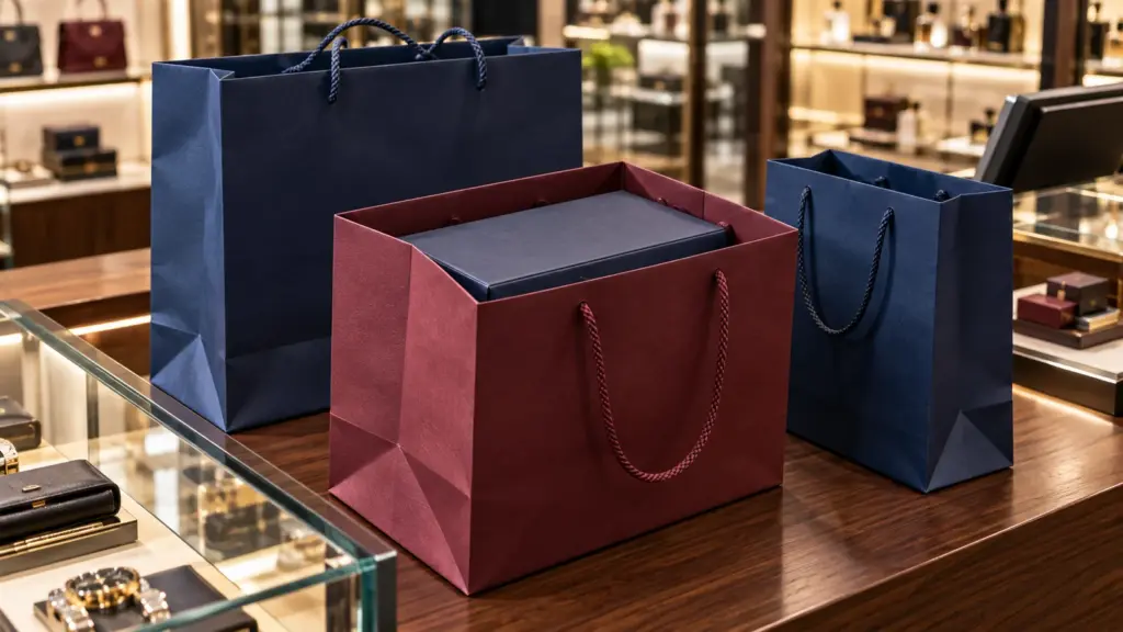AI concept of navy and burgundy paper carrier bags with handles at a department store checkout