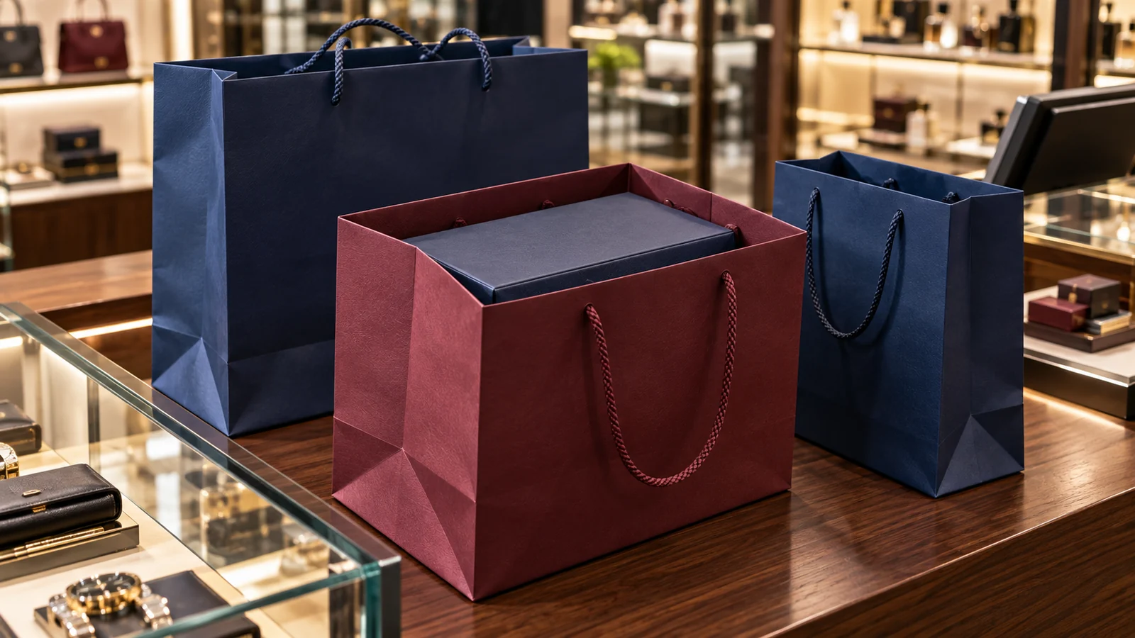AI concept of navy and burgundy paper carrier bags with handles at a department store checkout