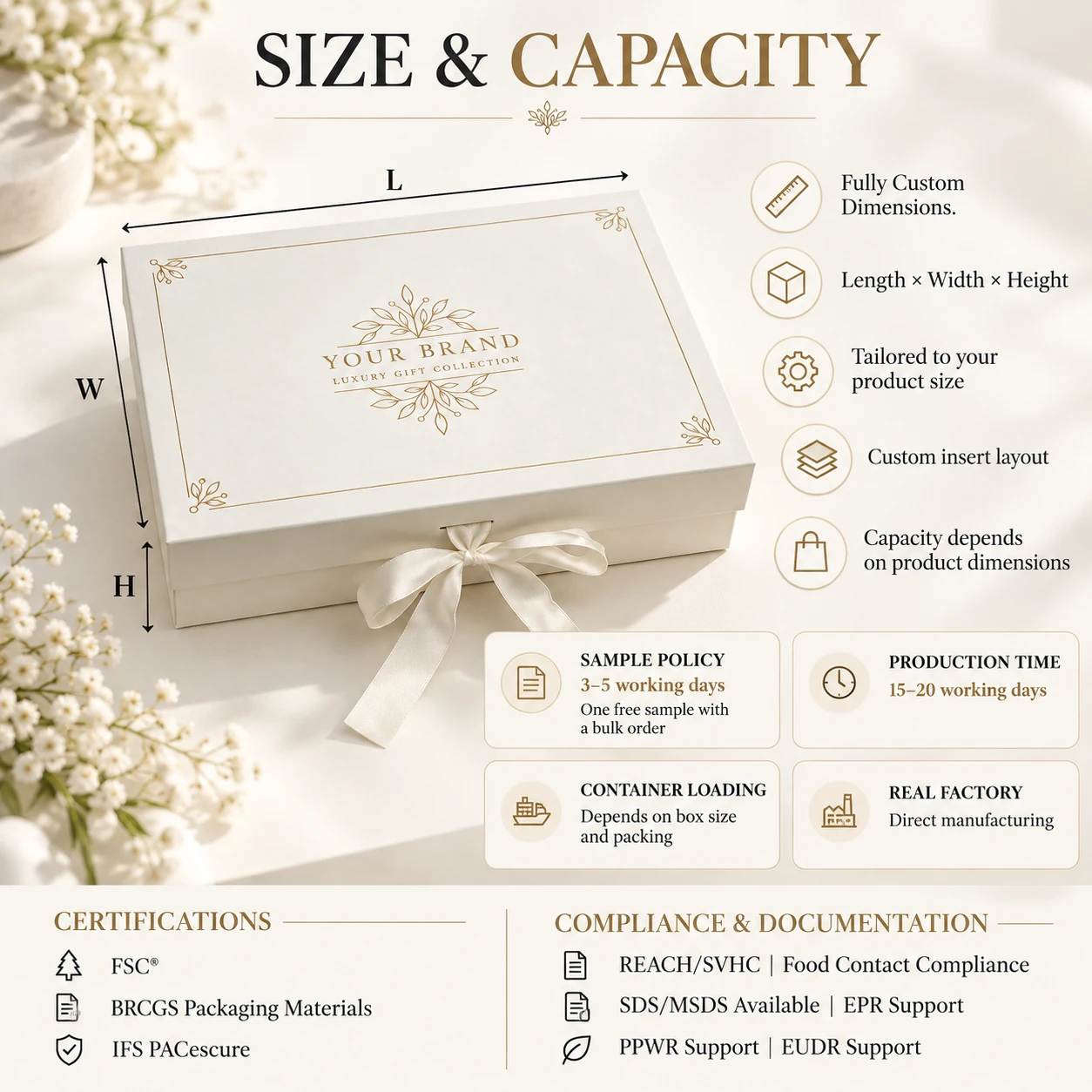Ivory rigid gift box with custom length width and height diagram