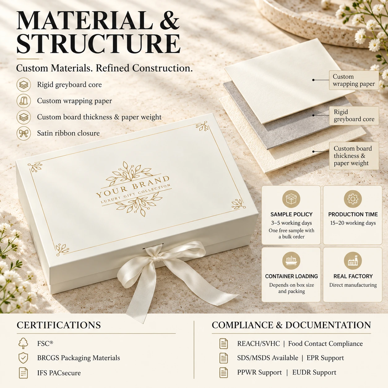 Rigid greyboard core and wrapping paper options for an ivory gift box