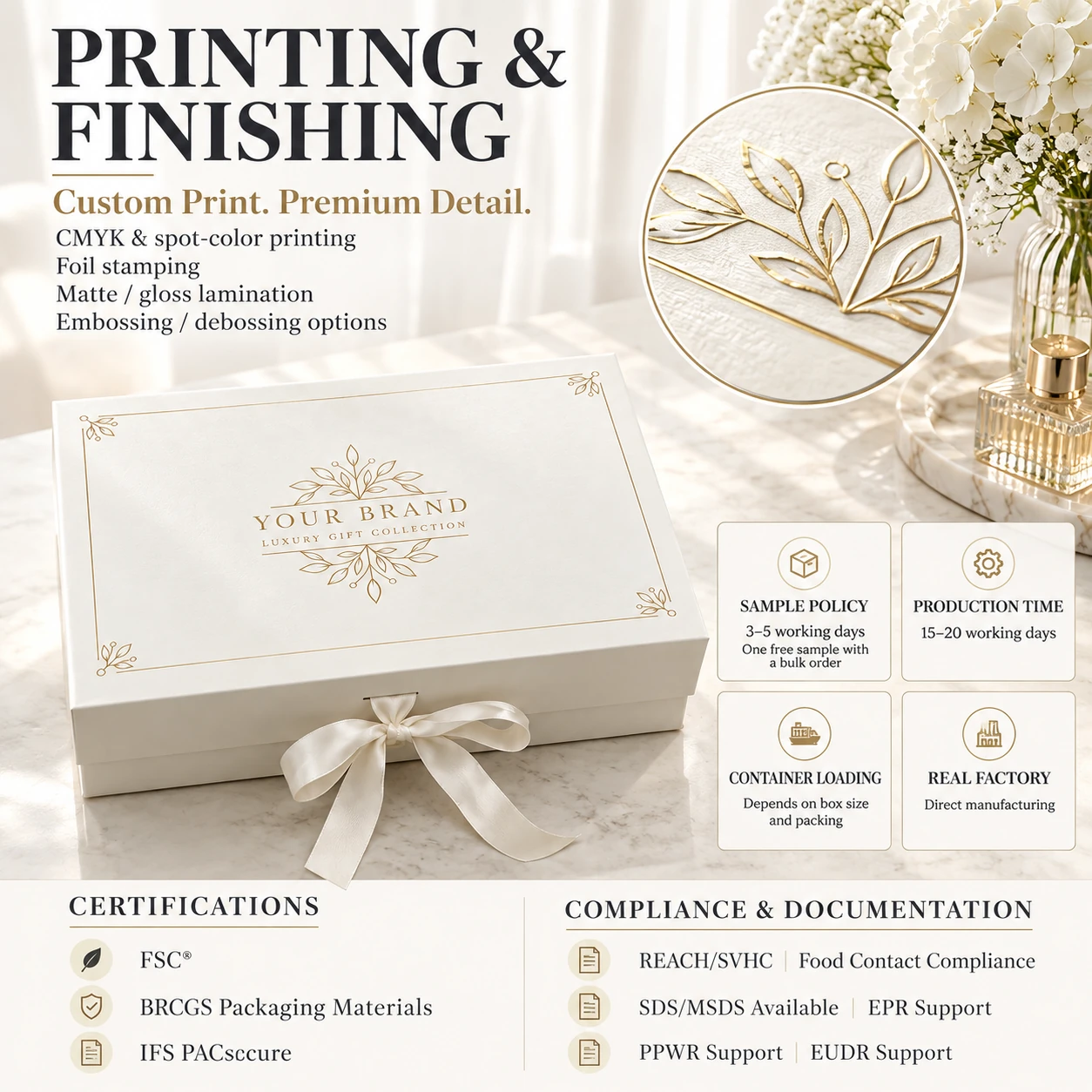 Gold-colored botanical design and custom printing finish options