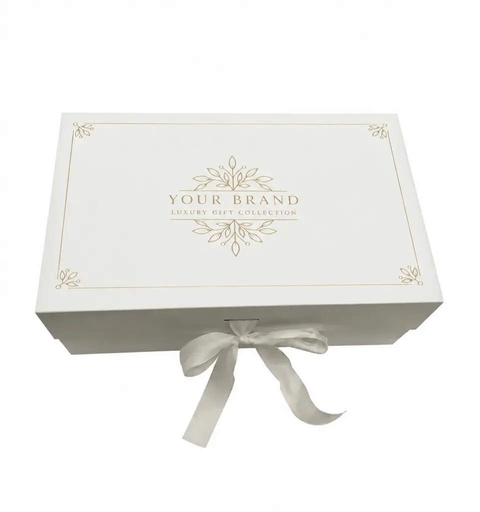 Ivory rigid gift box with gold-colored botanical branding and a satin ribbon bow on a white background