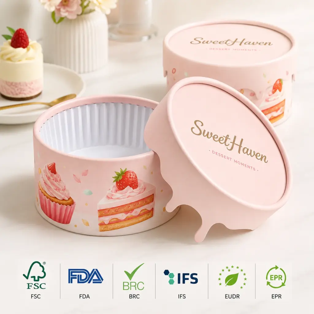 Illustrative pink round cake box with lift-off lid and dessert-themed artwork in a bright bakery setting