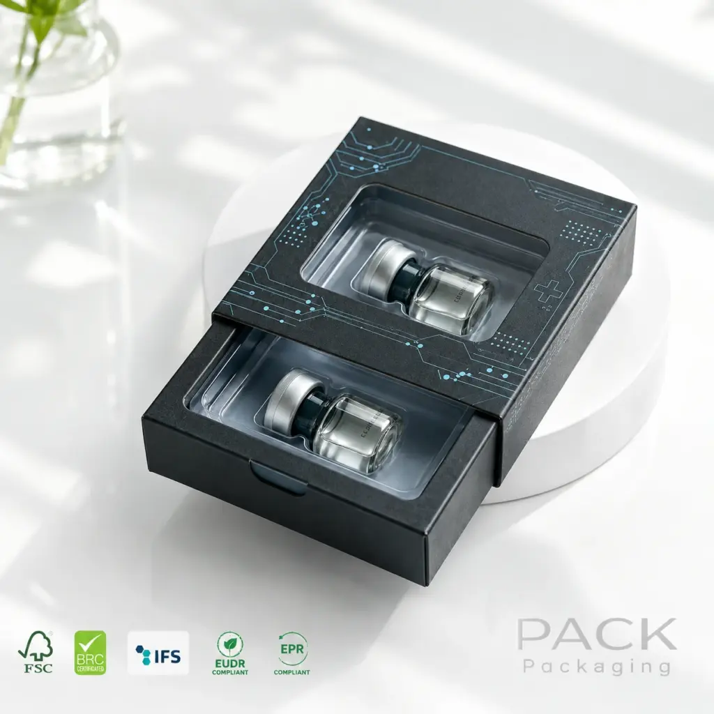 Black window drawer box with a fitted tray for a two-bottle skincare set