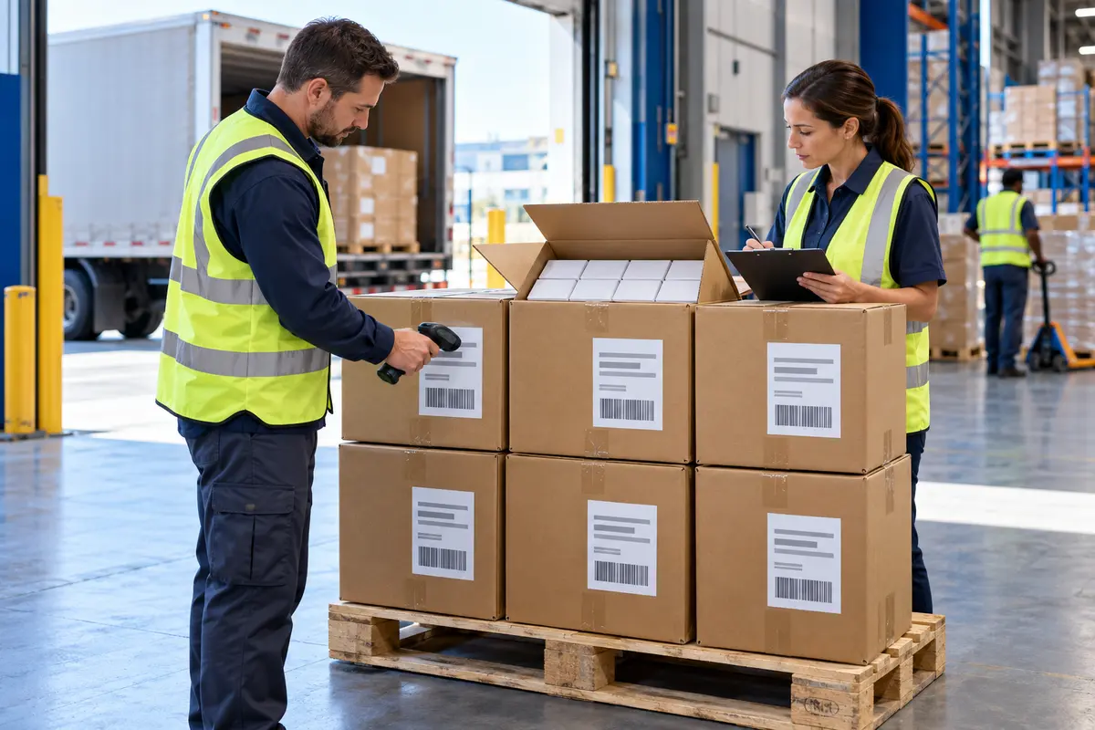 AI concept of a receiving team scanning carton labels and checking packed retail boxes against delivery records