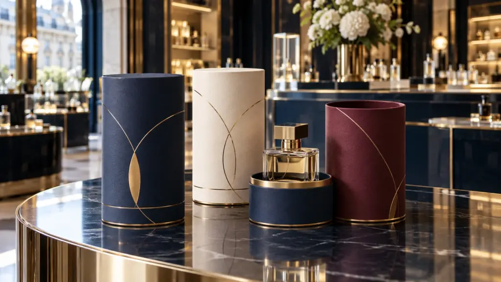 Navy, ivory and burgundy paper presentation tubes with a perfume bottle on a luxury retail counter