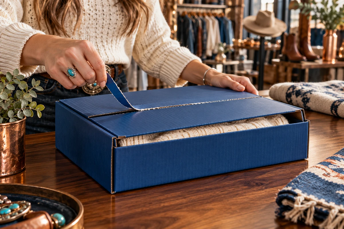 AI concept of hands pulling an opening strip on a blue corrugated mailer at a clothing boutique