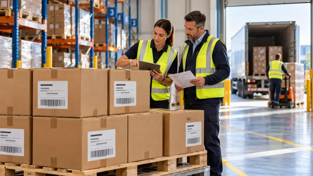 AI concept of logistics professionals reviewing master carton shipping marks on palletized corrugated cases