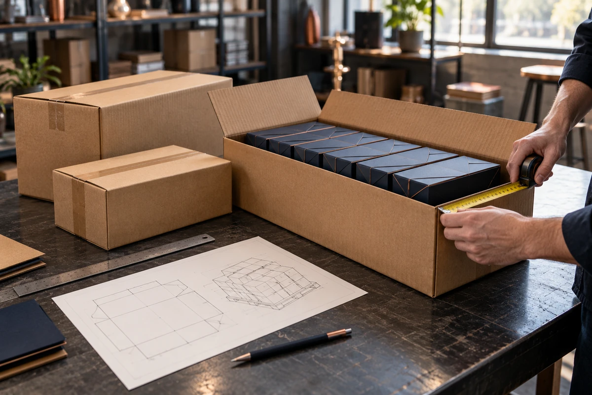 AI concept of a designer measuring a corrugated master carton containing navy folding gift boxes
