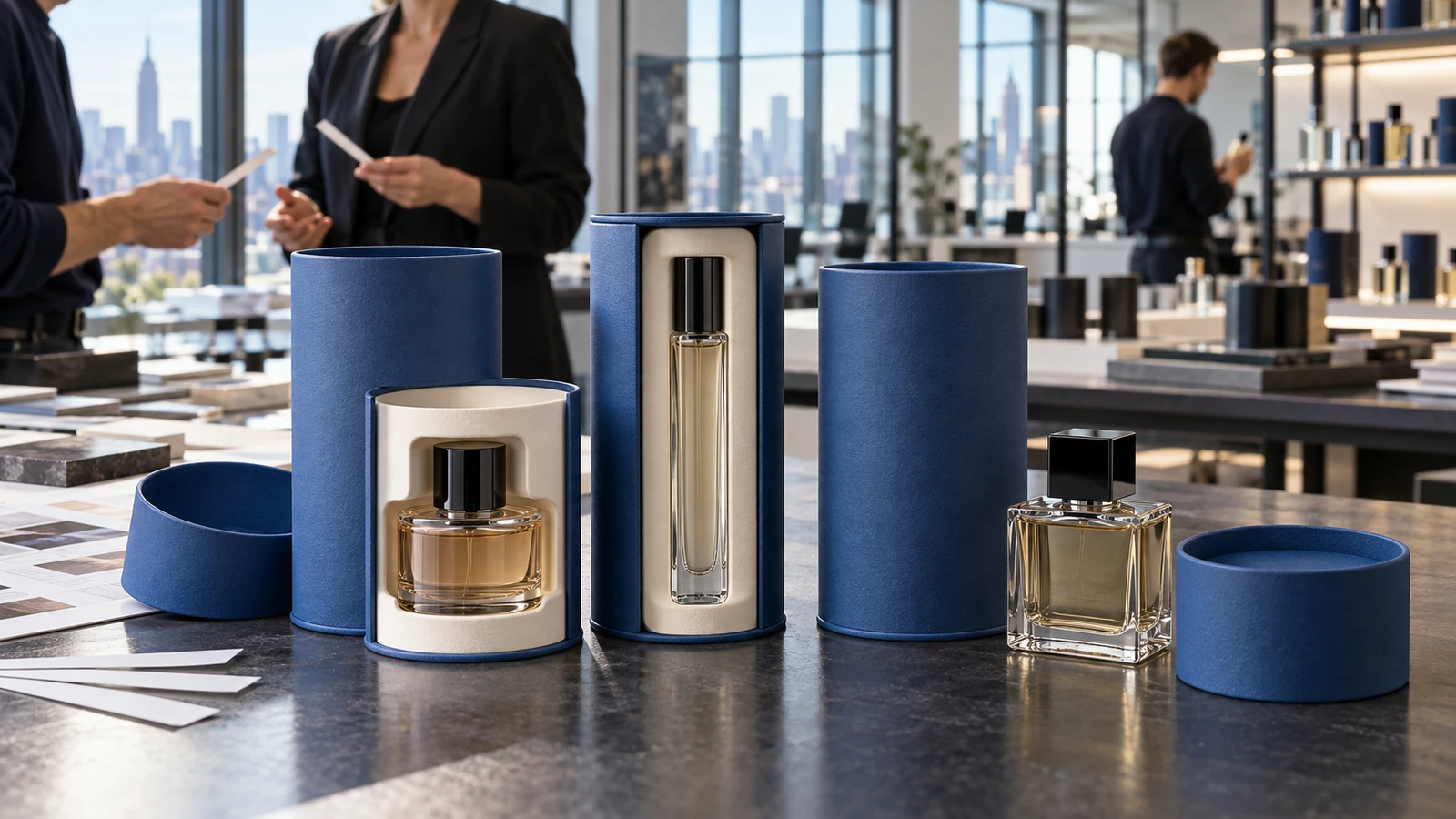Concept of designers comparing blue paper tube formats and holders for different fragrance bottles
