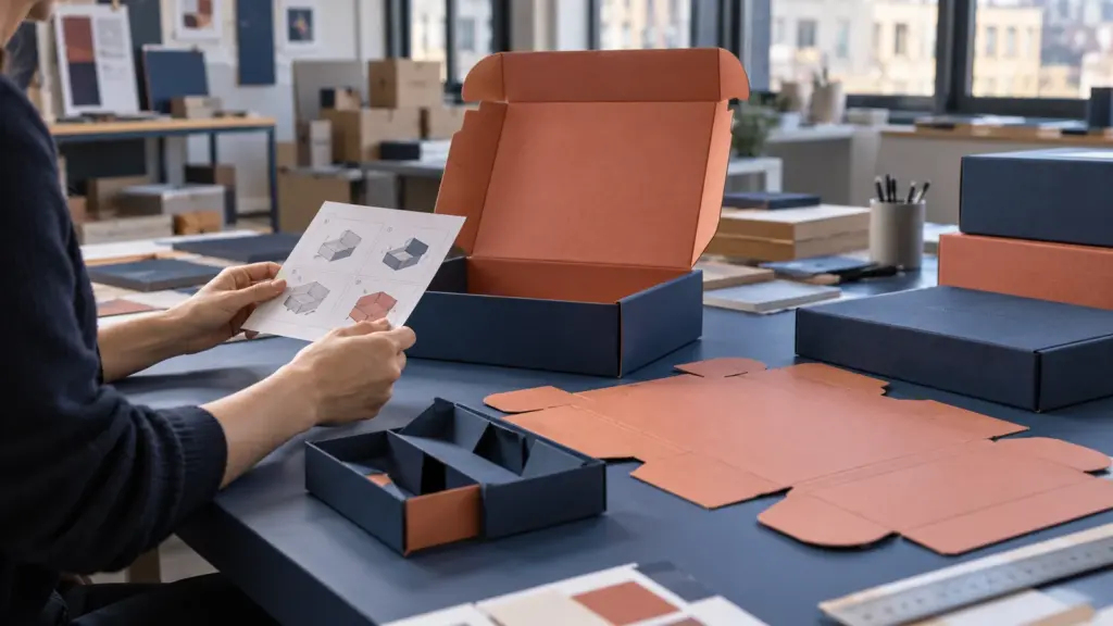 AI concept of paper box blanks and assembled mailers reviewed with a pictorial instruction card