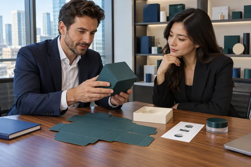 AI concept of brand buyers reviewing a teal paper carton and assembly reference in a design office