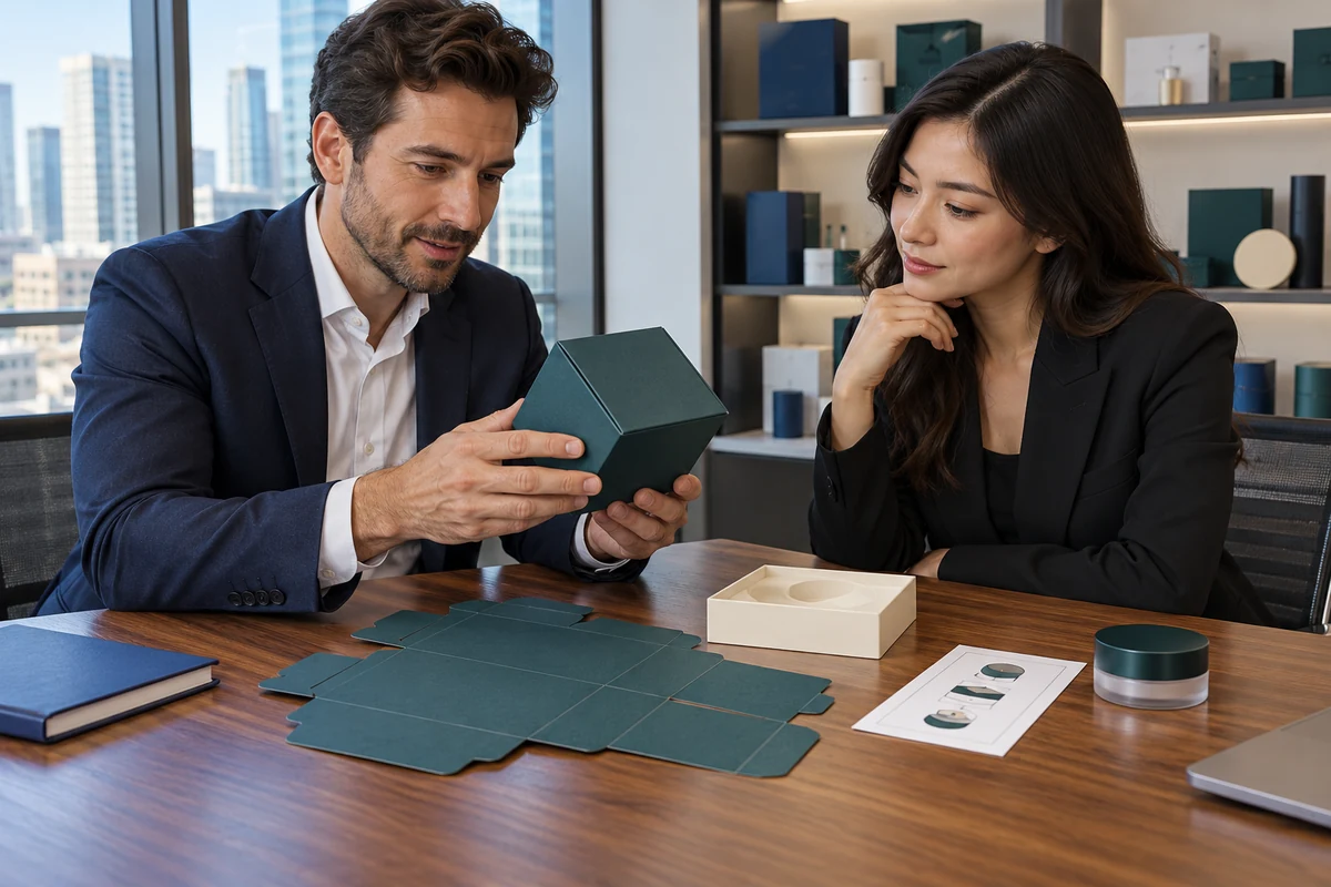 Buyers reviewing a teal folding carton and its flat paperboard blank in a design office