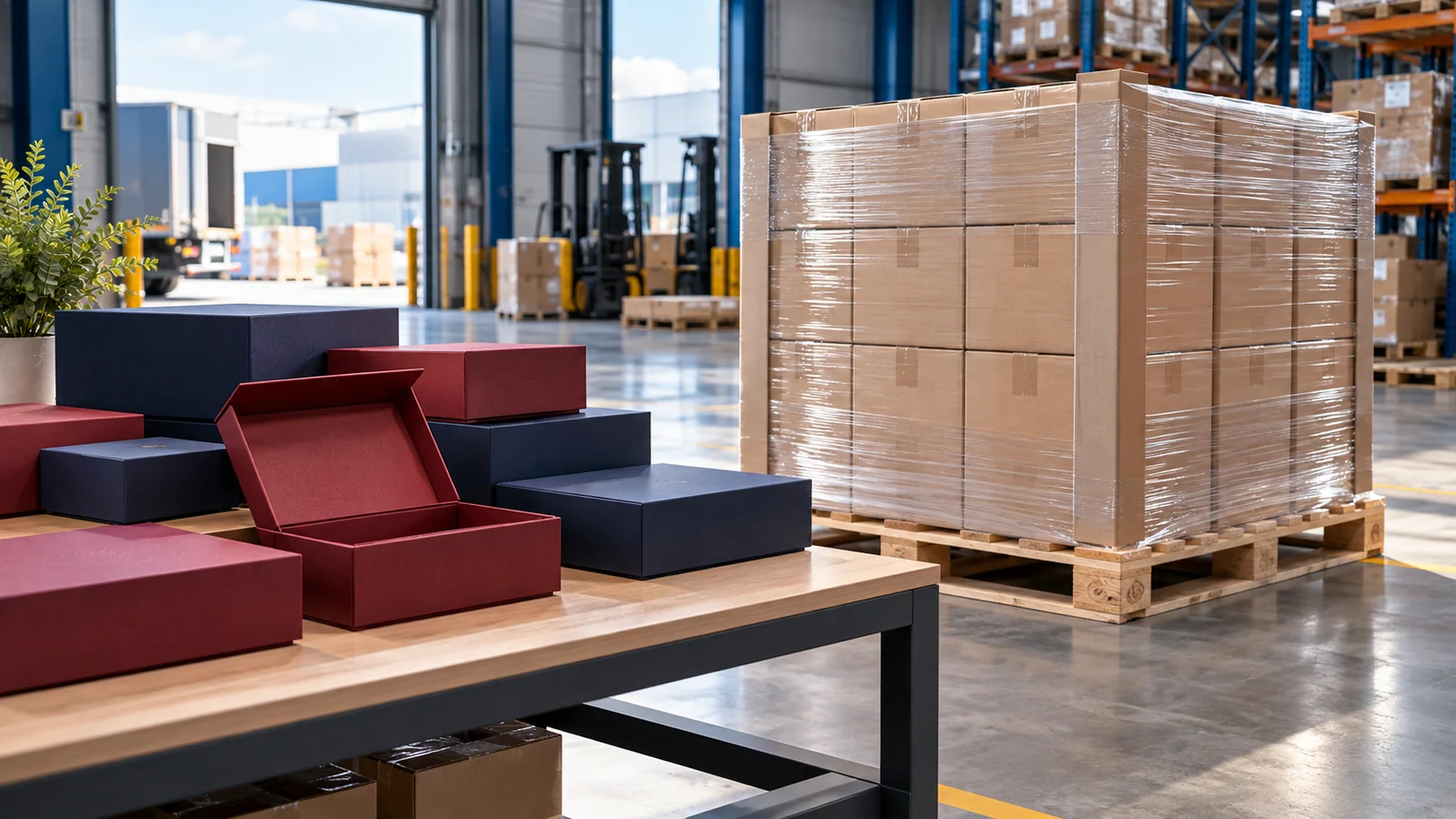 AI concept of gift box samples beside a secured pallet of kraft master cartons in a modern dispatch workspace