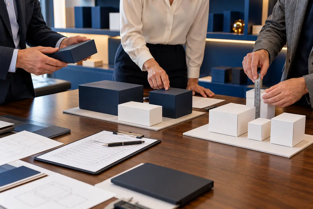 Buyers reviewing white structural samples and finished navy boxes with dieline sketches and a spec sheet on a table