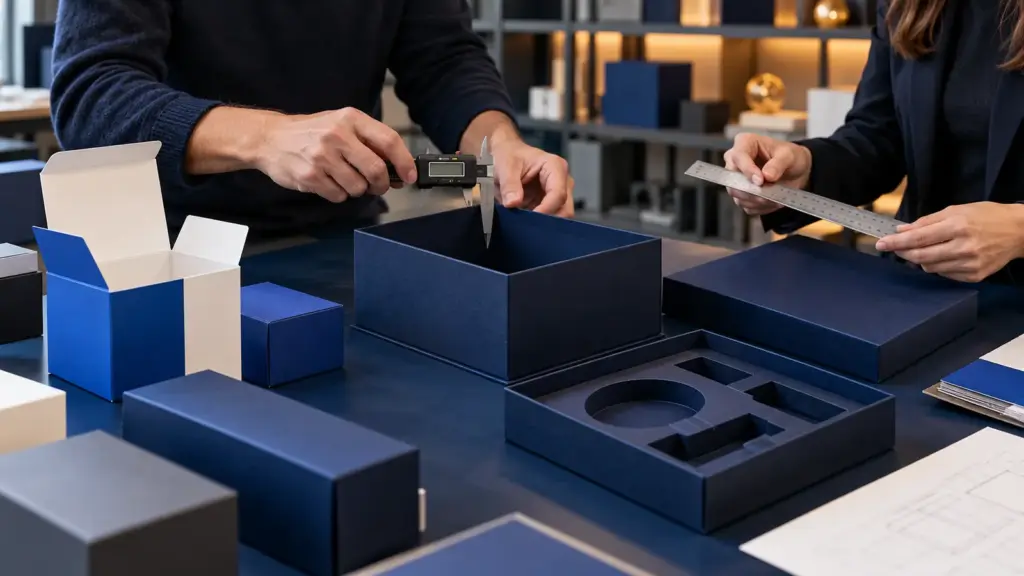AI concept of buyers measuring custom rigid boxes and inserts with calipers to review packaging tolerances