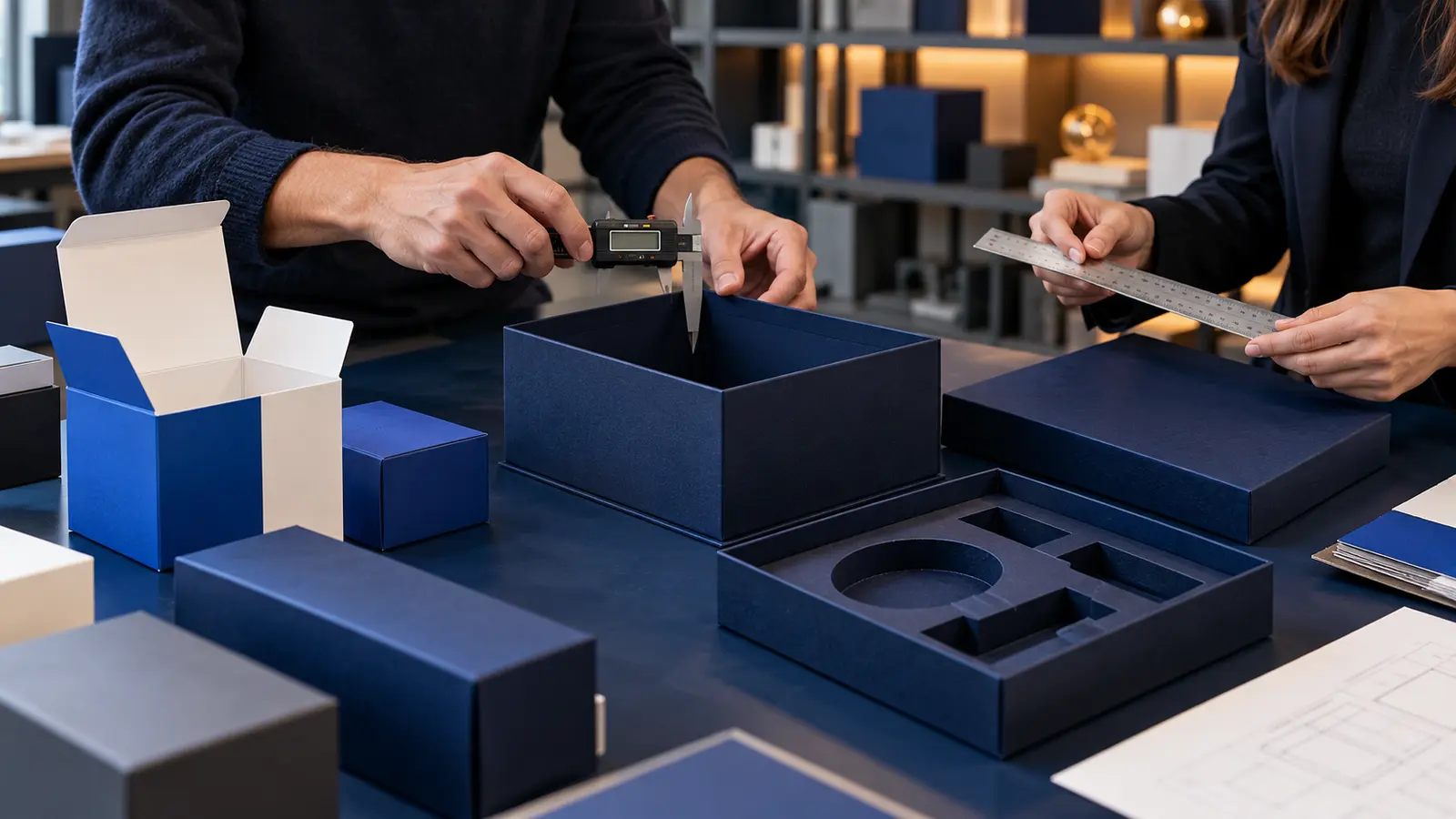 AI concept of buyers measuring custom rigid boxes and inserts with calipers to review packaging tolerances
