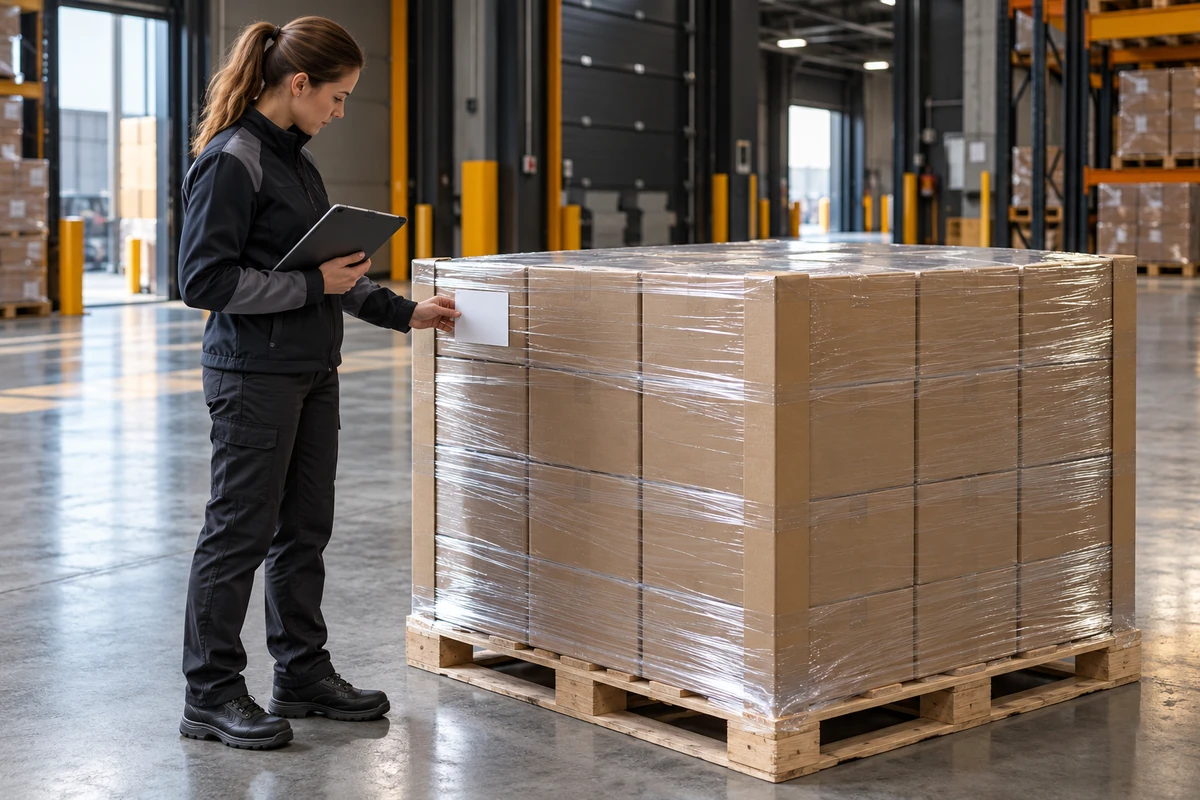 AI concept of a logistics coordinator checking a wrapped pallet of aligned cartons with corner protection