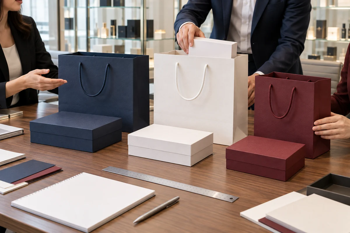 AI concept of three retail paper bag sizes compared with their boxed cosmetic gift sets