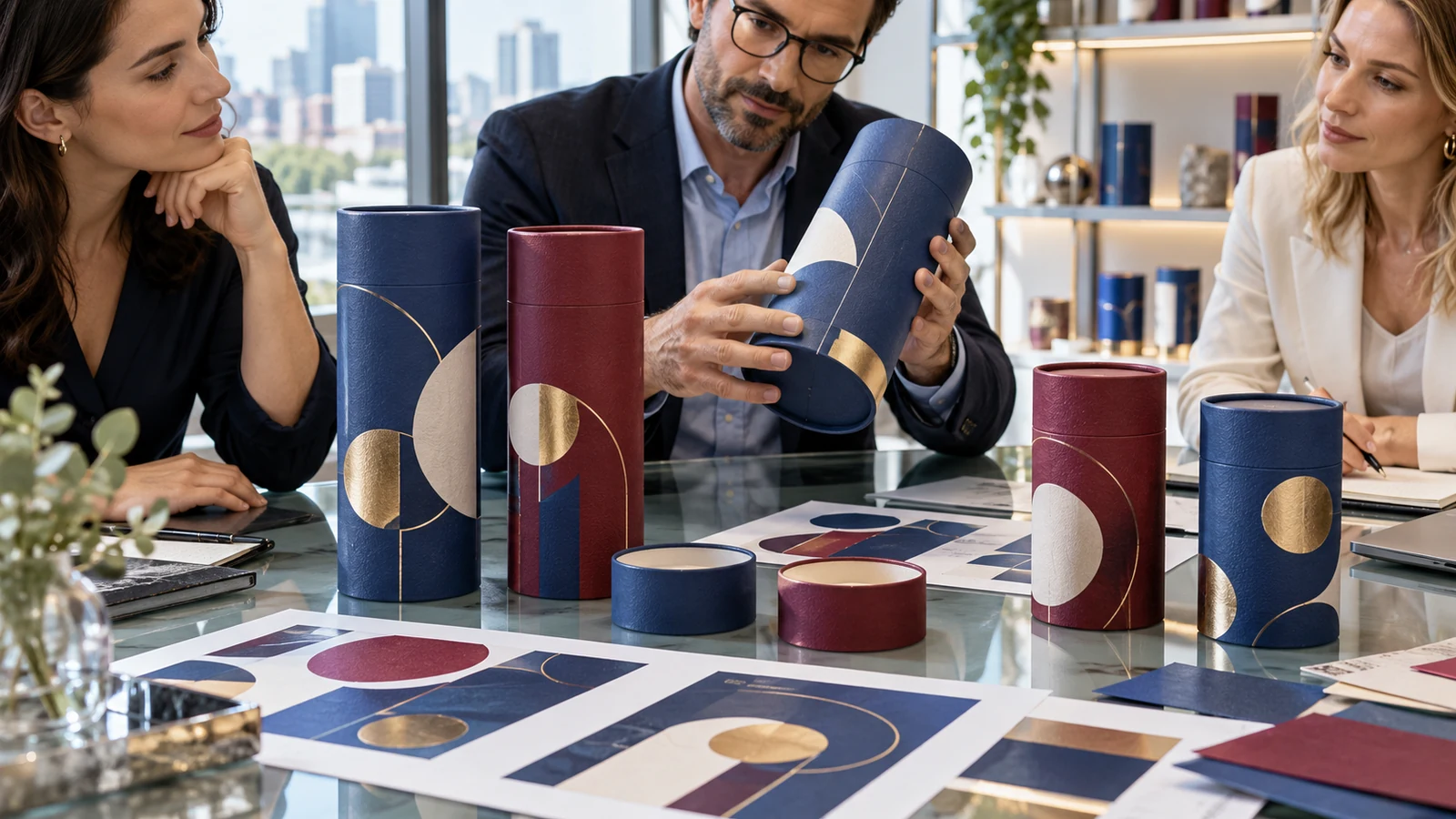 Concept of brand buyers checking paper cylinder graphics and component orientation