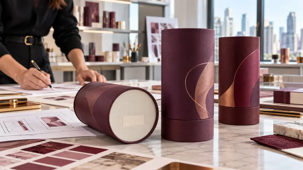 Concept of burgundy paper tubes with a pale reserved coding area during a brand design review