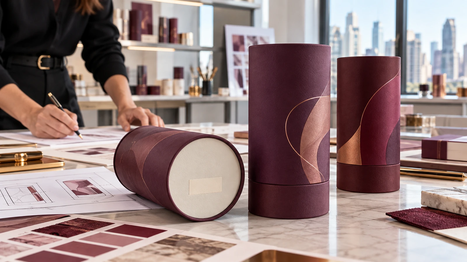 Concept of burgundy paper tubes with a pale reserved coding area during a brand design review