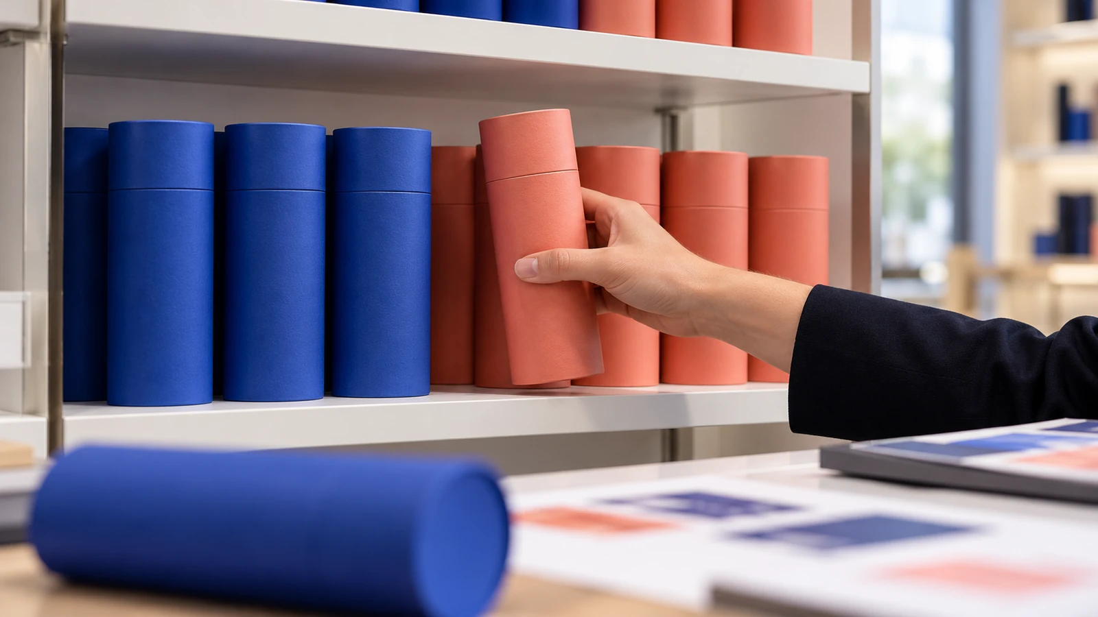 Concept of a hand gripping a closed paper tube body for retrieval from a bounded fragrance shelf