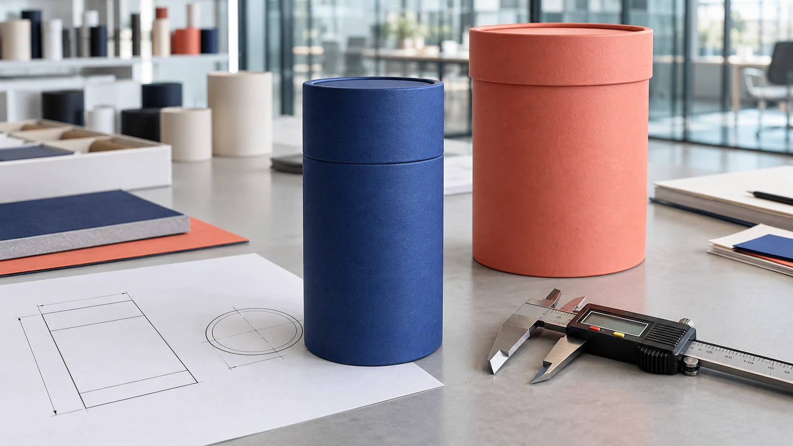 Concept of finished paper tube samples beside calipers and a drawing in a commercial design studio