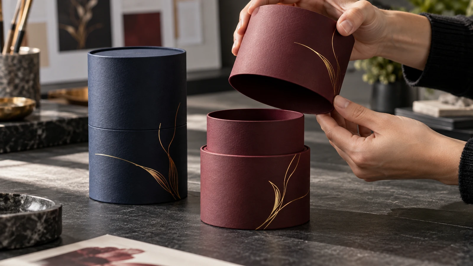 Hands holding a burgundy paper tube lid above its exposed inner shoulder in a design studio