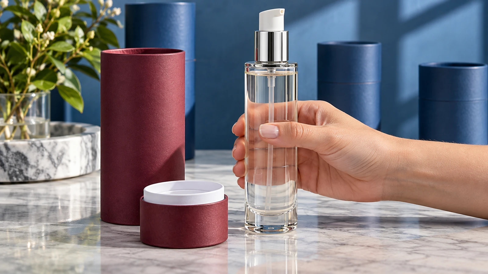 Concept of a buyer checking a grip near a pump while removing a bottle from a paper tube