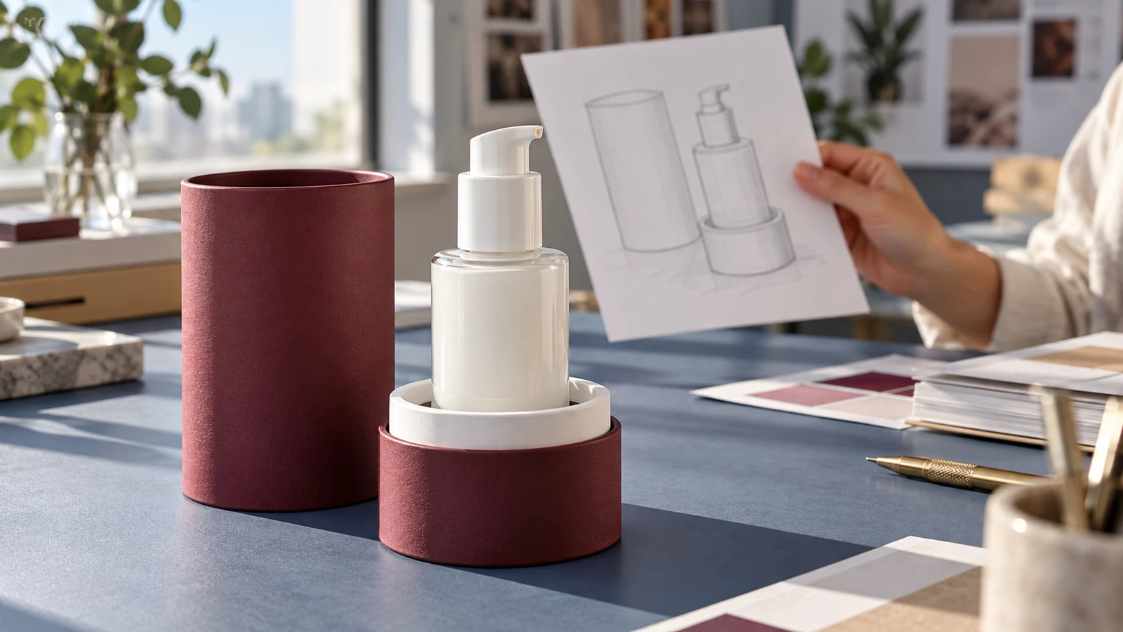 Concept of a white pump bottle supported in a paperboard cradle within an open burgundy tube base