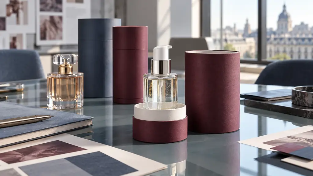 Concept of burgundy and blue paper tubes with pump bottles on a bright beauty brand studio table
